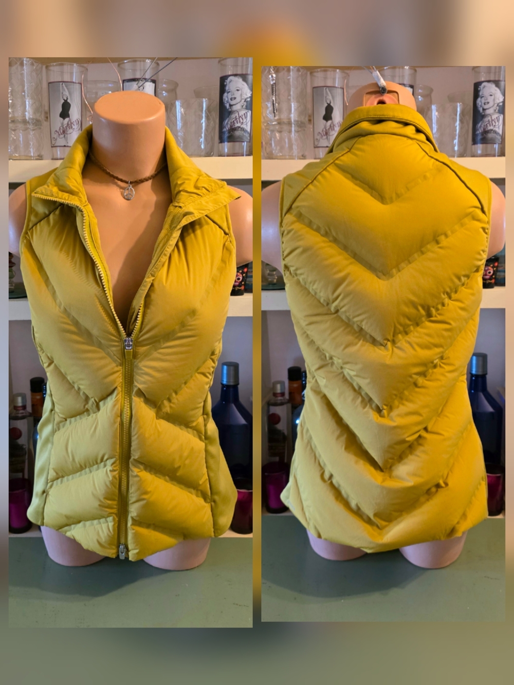 Athleta Down Puffer Vest S. Gold Mustard Full Zip Front Lightweight EUC